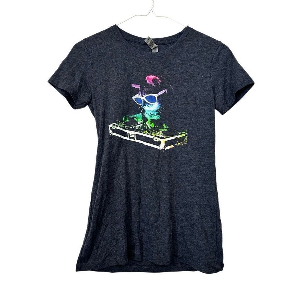 Next Level Apparel Crew Neck Short Sleeve DJ Cat Graphic Tee Gray Small